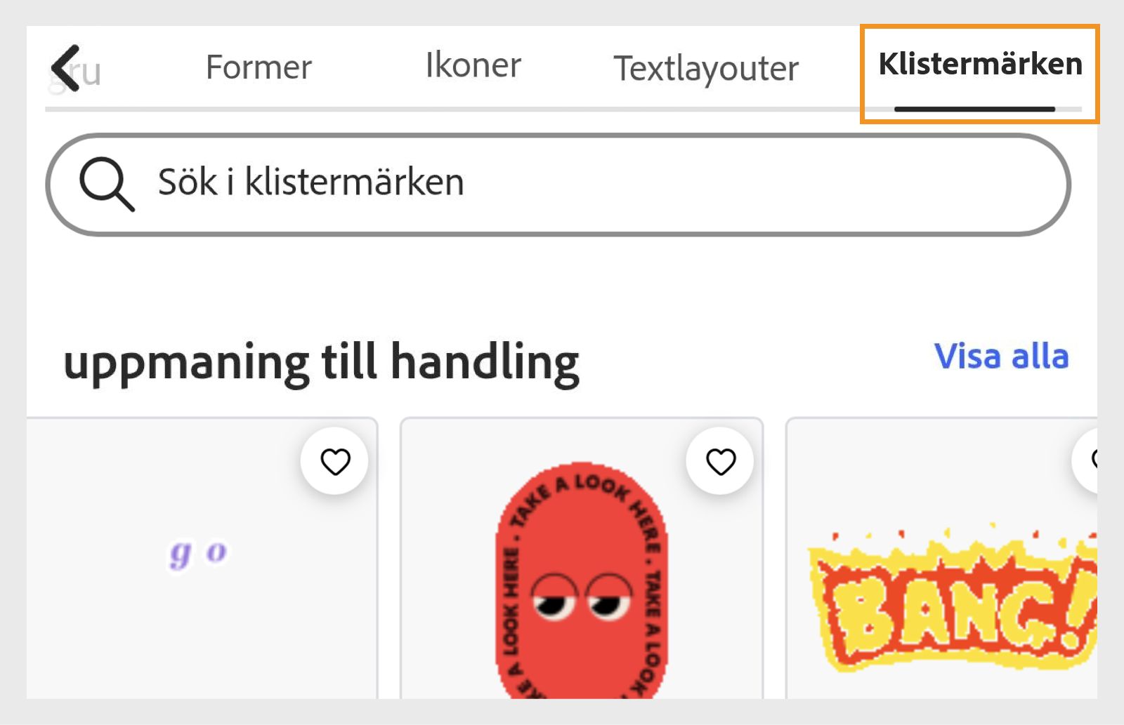 Bilden visar Element-panelen med avsnittet Dekaler i det översta högra hörnet och flera dekalavsnitt som Pilar och märken, Call to action, Former, Kreativitet med mera. 