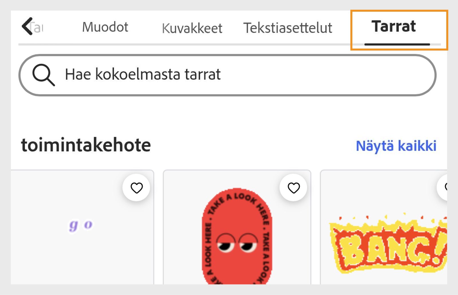 Kuvassa näkyy Elementit-paneelin oikeasta yläkulmasta valittava Tarrat-osio, johon on ryhmitelty erilaisia tarroja, kuten nuolia, merkkejä, toimintakehotteita, muotoja ja luovia vaihtoehtoja. 