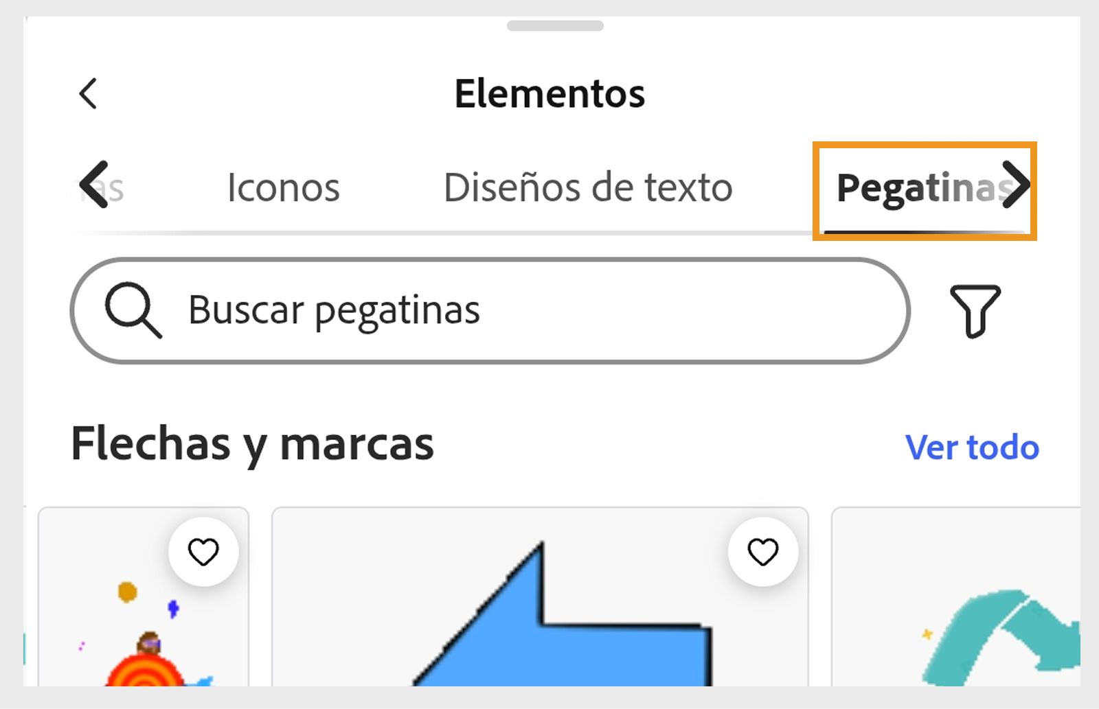 La imagen muestra el panel Elements con la sección Stickers en la esquina superior derecha y múltiples secciones de stickers como Arrows and marks, Call to action, Shapes, Creativity y más.