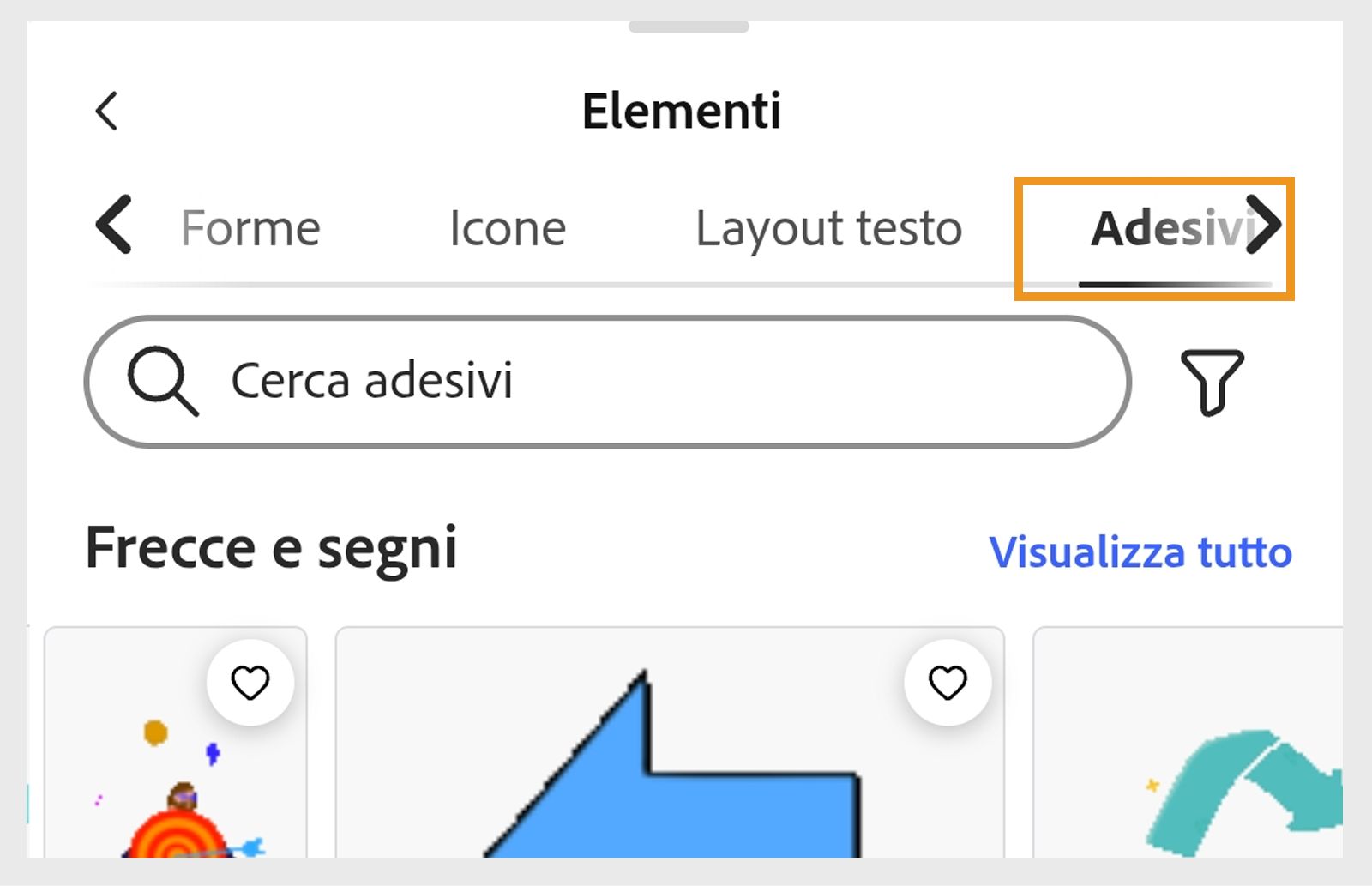 L’immagine mostra il pannello Elementi con la sezione Adesivi nell’angolo in alto a destra e più sezioni di adesivi come Frecce e segni, Invito all’azione, Forme, Creatività e altro. 