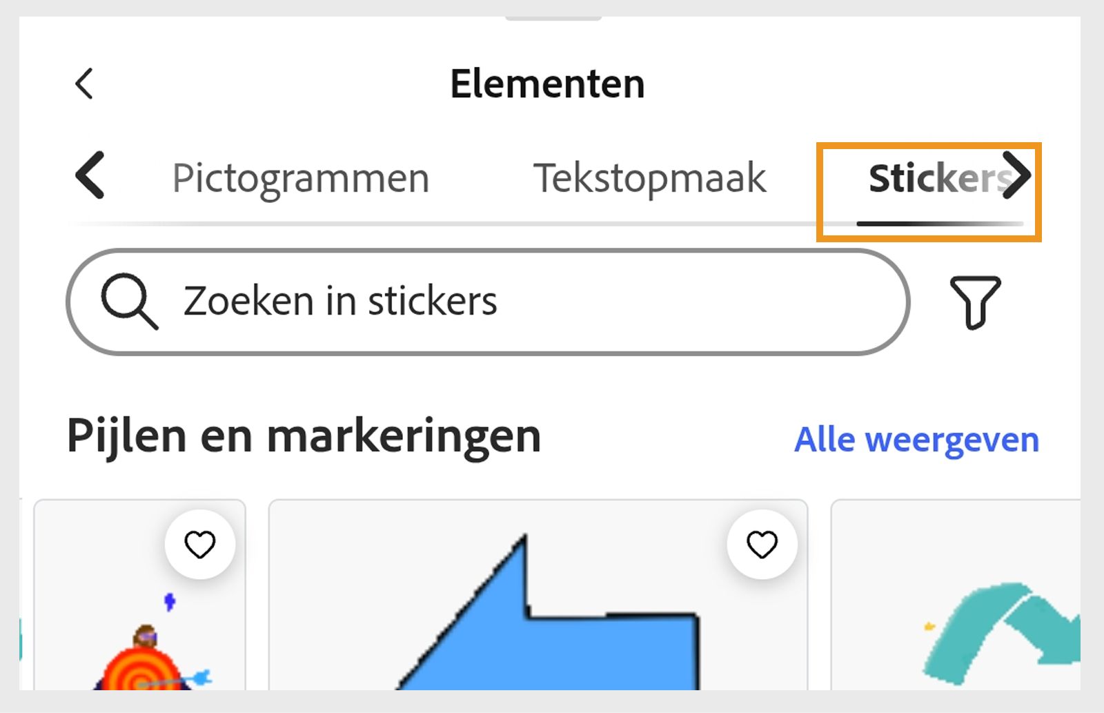 De afbeelding toont het deelvenster Elementen met de sectie Stickers in de rechterbovenhoek en verschillende stickersecties zoals Pijlen en markeringen, Oproep tot actie, Vormen, Creativiteit en meer. 