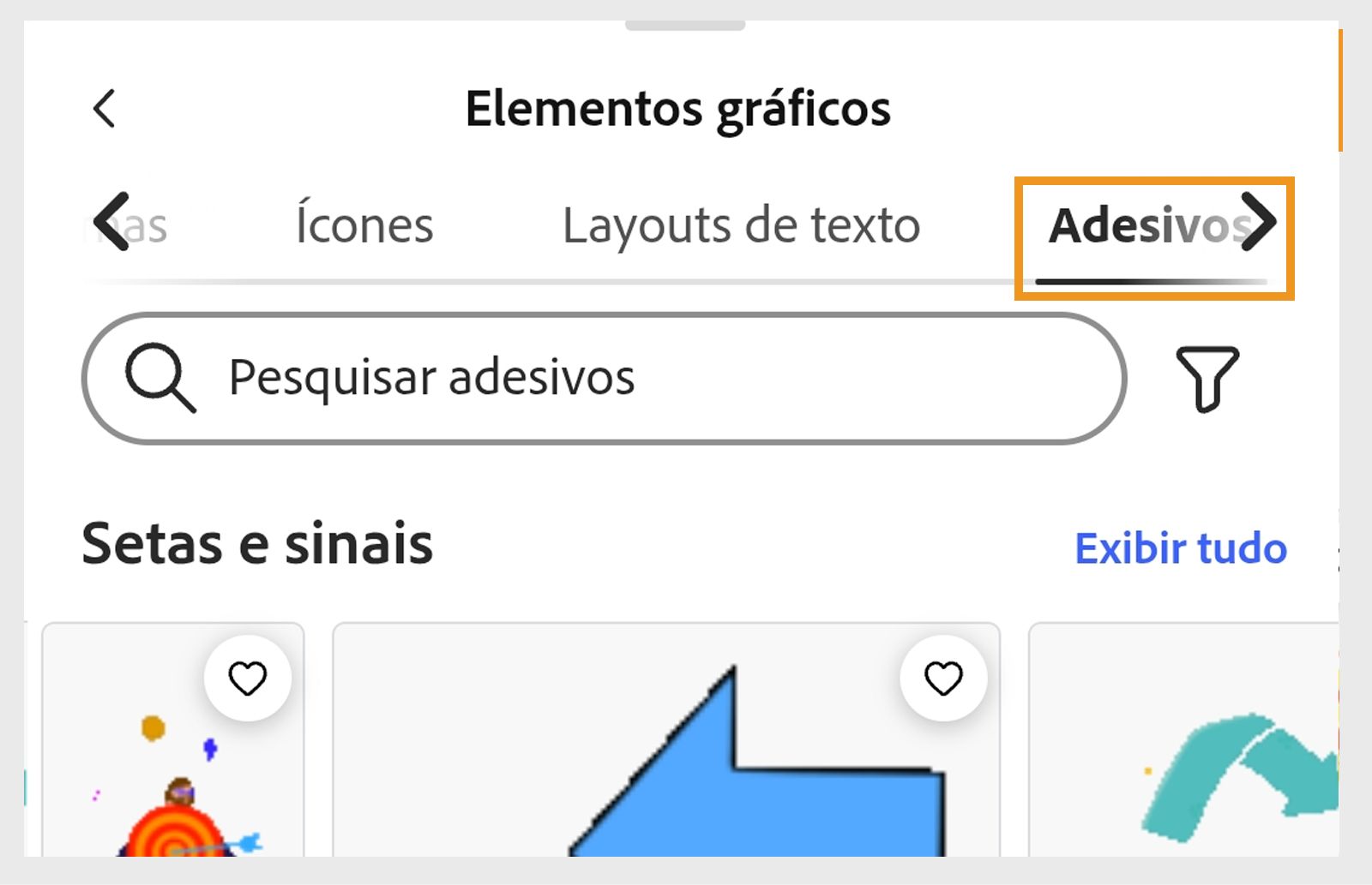 A imagem mostra o painel Elementos com a seção Adesivos no canto superior direito e várias seções de adesivos como Setas e marcas, Chamada para ação, Formas, Criatividade e mais. 