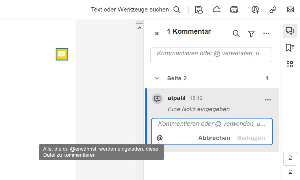 Hinzufügen eines Kommentars in Acrobat
