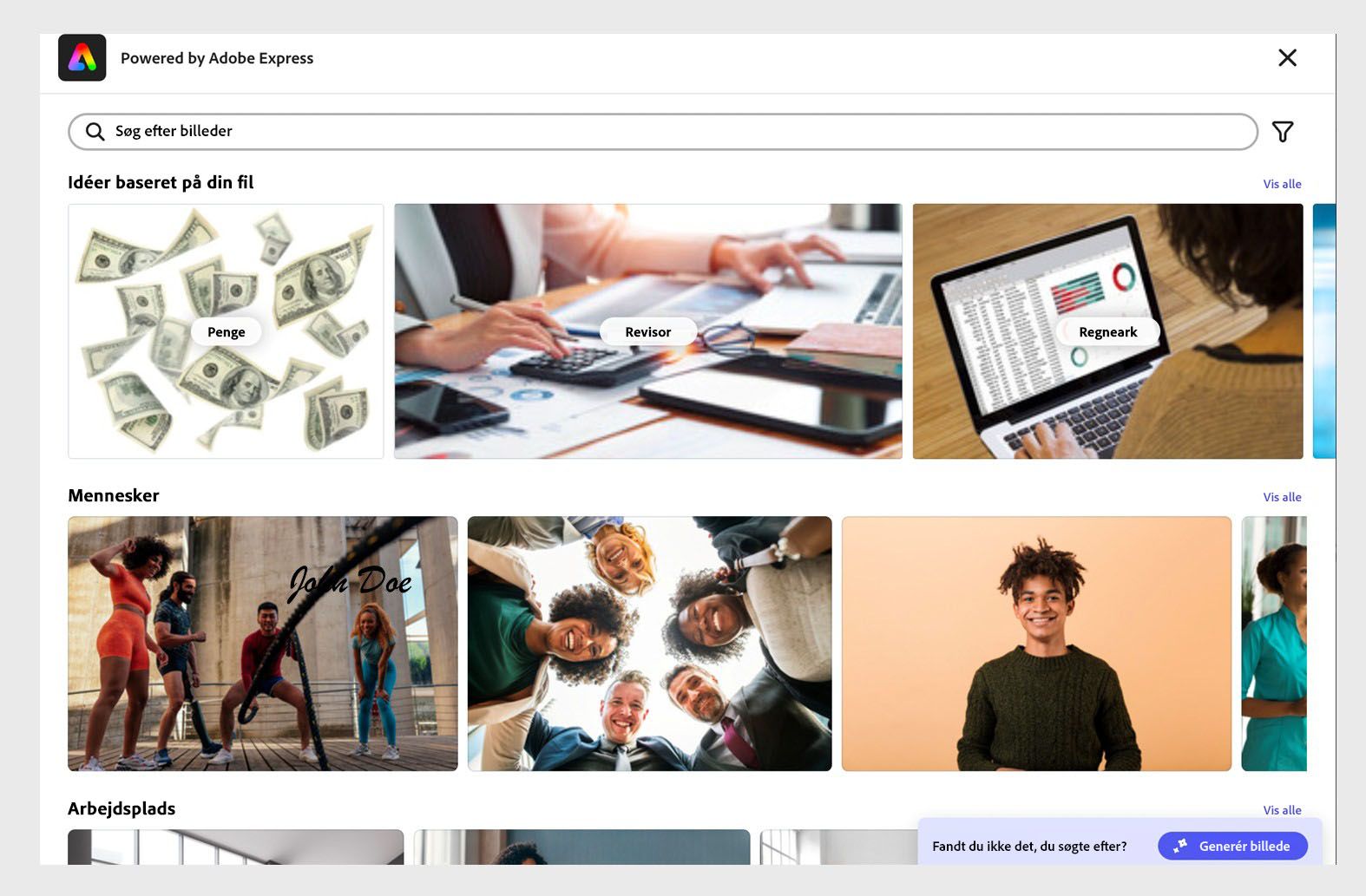  Acrobat-grænseflade, der viser billedforslag fra Adobe Stock under afsnittet &quot;Billedidéer&quot;.