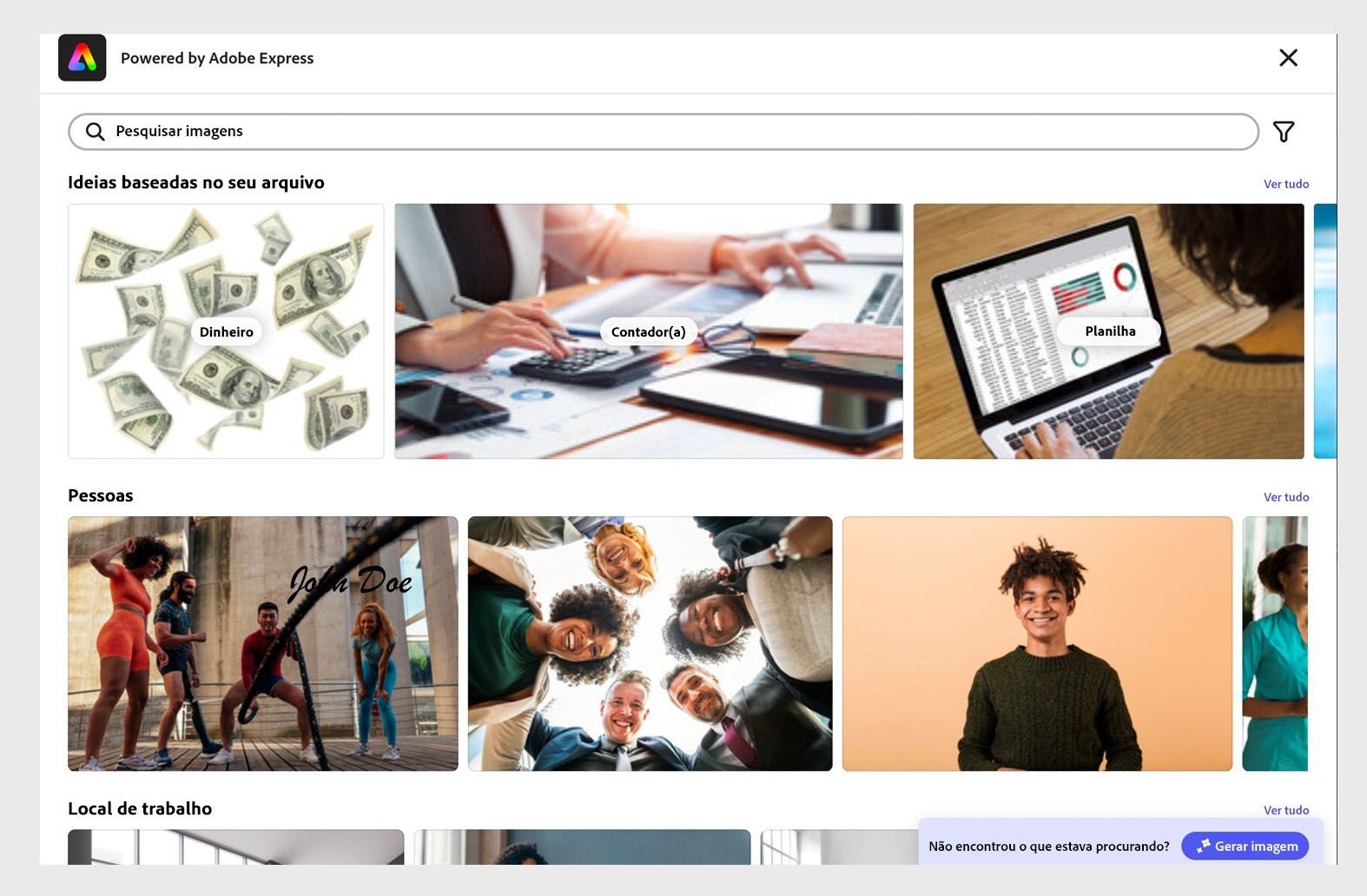  Interface do Acrobat mostrando sugestões de imagens do Adobe Stock na seção &quot;Ideias de imagens&quot;.