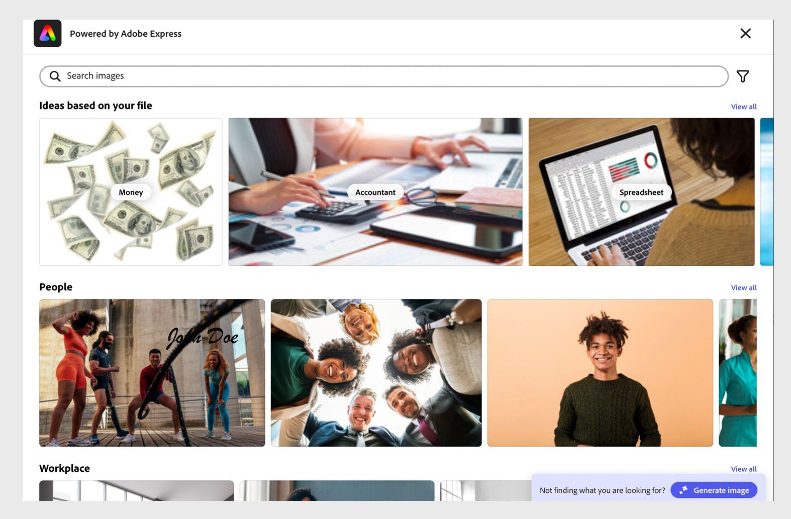  Interfaccia di Acrobat che mostra suggerimenti di immagini da Adobe Stock nella sezione &quot;Idee per immagini&quot;.