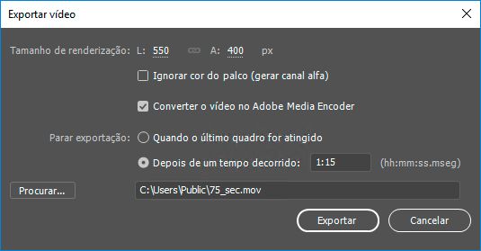 Parar exportação após 1 minuto e 15 segundos