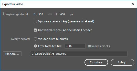 Stoppa exporten efter 1 minut och 15 sekunder