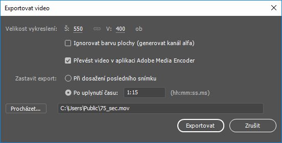 Ukončení exportu po 1 minutě a 15 sekundách