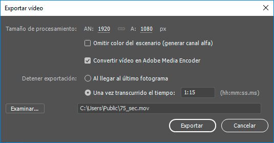 Detener exportación después de 1 minuto y 15 segundos