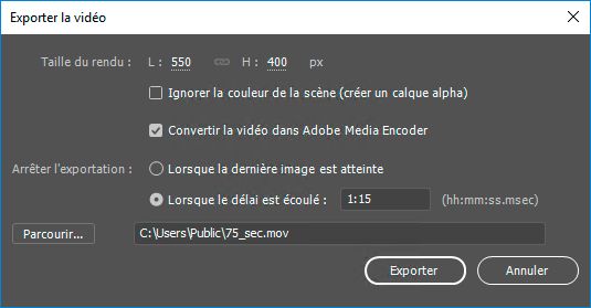 Arrêter l’exportation après 1 minute et 15 secondes