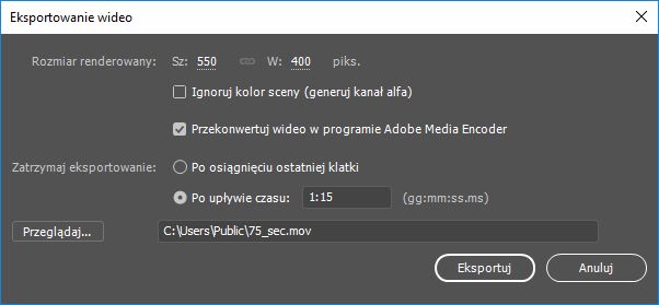 Zatrzymanie eksportowania po 1 min 15 s