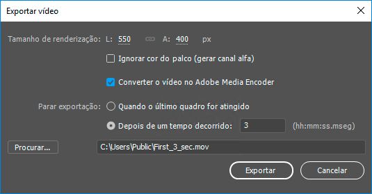 Parar exportação após 3 segundos