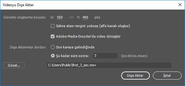 3 saniye sonra dışa aktarmayı durdur
