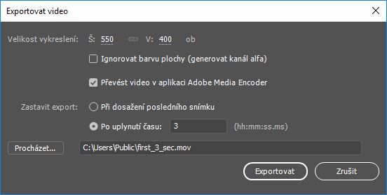 Ukončení exportu po 3 sekundách