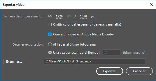 Detener exportación después de 3 segundos
