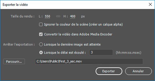 Arrêter l’exportation après 3 secondes