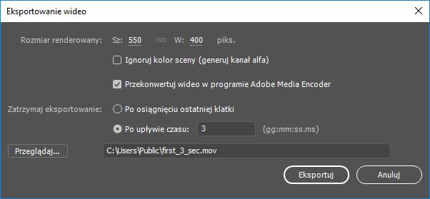 Zatrzymanie eksportowania po 3 s