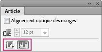 Panneau Story InDesign affichant les icônes de sens de l’article pour définir le sens du texte de gauche à droite ou de droite à gauche.