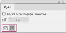 Metin akışını soldan sağa veya sağdan sola olarak ayarlamak için Öykü Yönü simgelerini gösteren InDesign Öykü paneli.