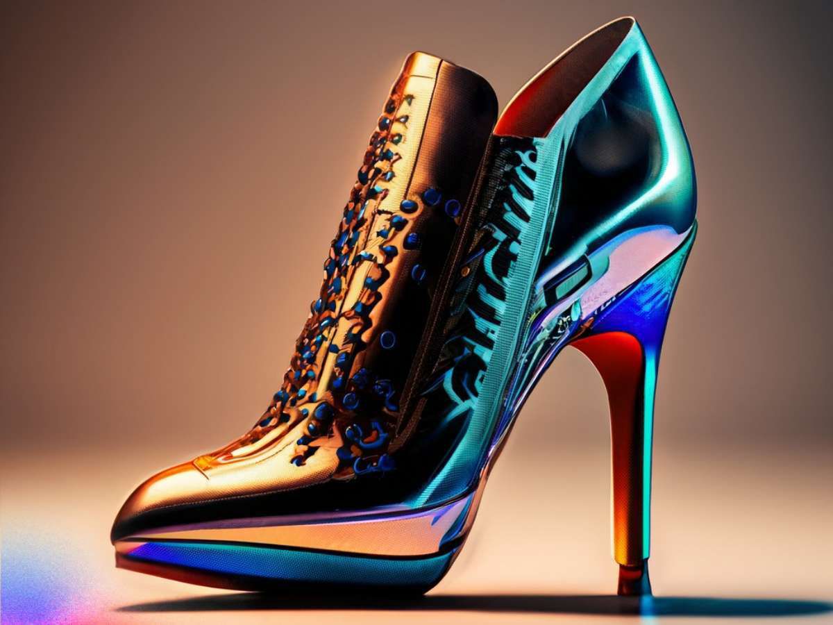 L’image représente une chaussure à talons hauts au design percutant, complexe et futuriste. La palette de couleurs passe des tons bleu froid au niveau du talon aux tons rouges chauds, créant ainsi un effet de dégradé. L’image présente également du matériel ou des éléments mécaniques avec une sensation de profondeur. Il s’agit d’un exemple d’image générée lorsque la fonctionnalité Du texte à l’image est utilisée avec un prompt textuel descriptif.