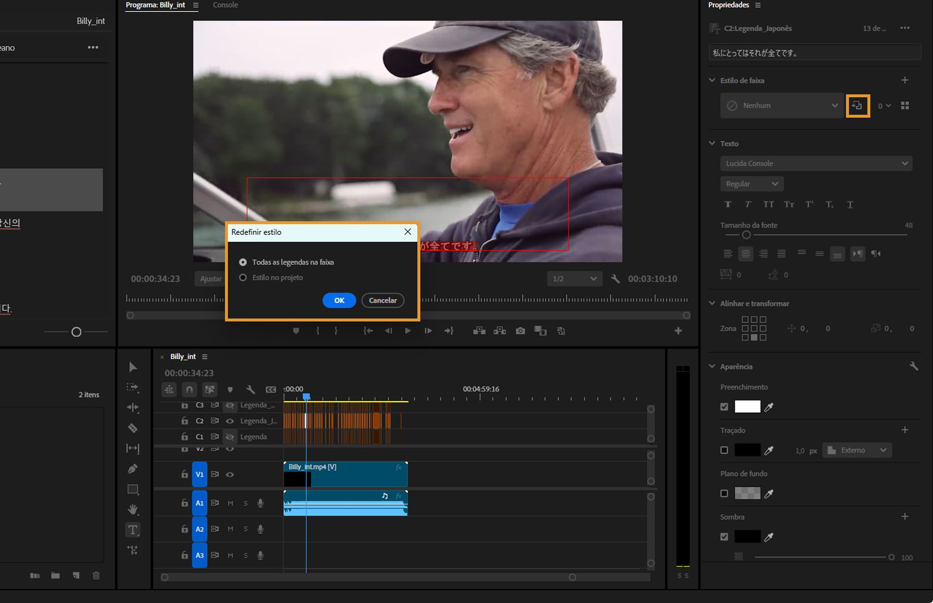 Interface do fluxo de trabalho do painel “Propriedades”, com o ícone de “Redefinir estilo” e a caixa de diálogo de “Redefinir estilo” realçados.