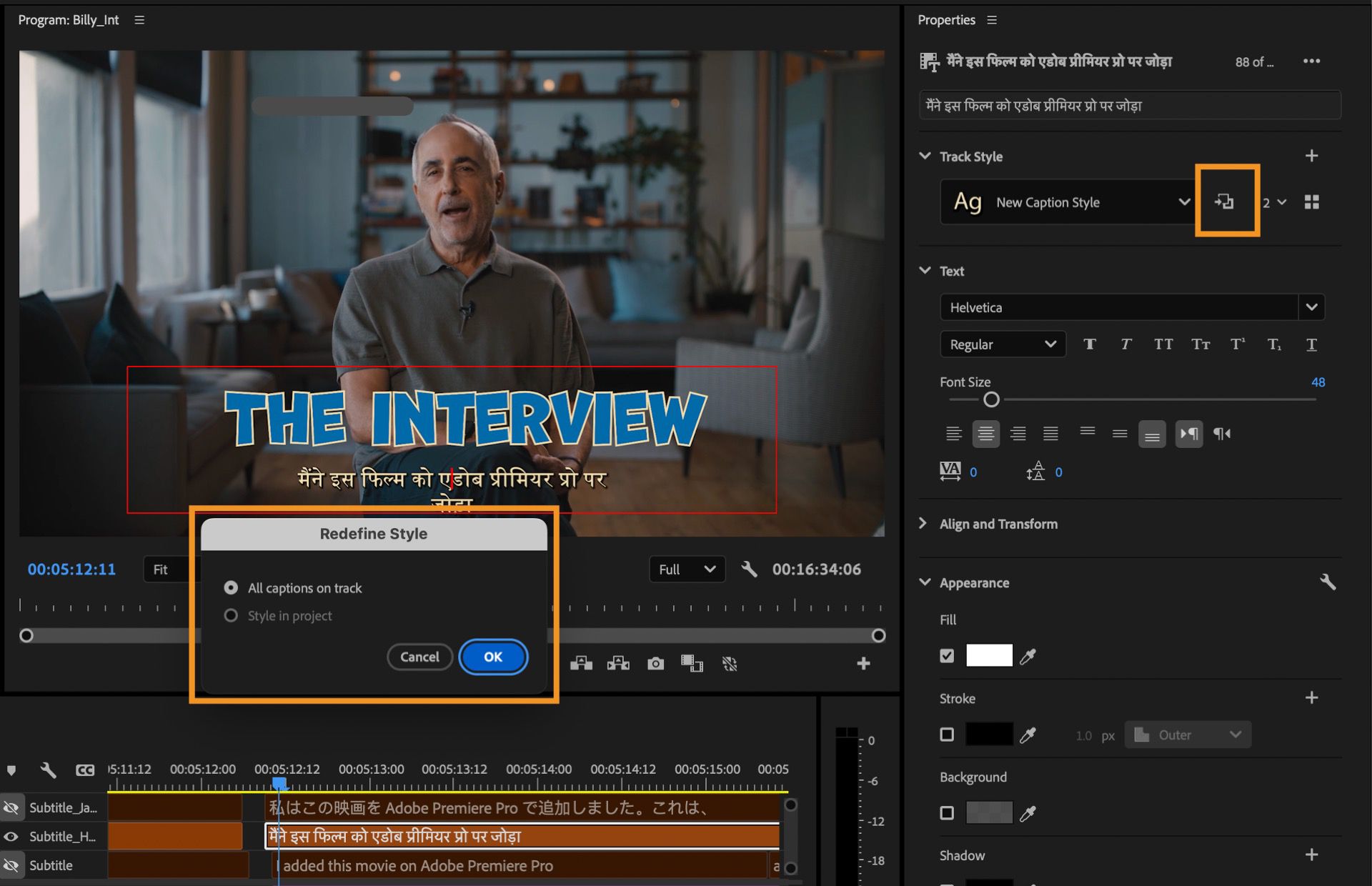 UI of the Properties panel workflow, with Redefine style icon and Redefined Style dialog box highlighted.