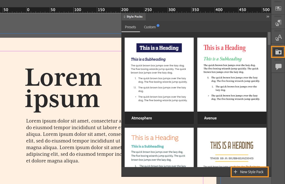 Image showing the Style Packs panel and highlighting the Style Packs panel icon and the New Style Pack button.