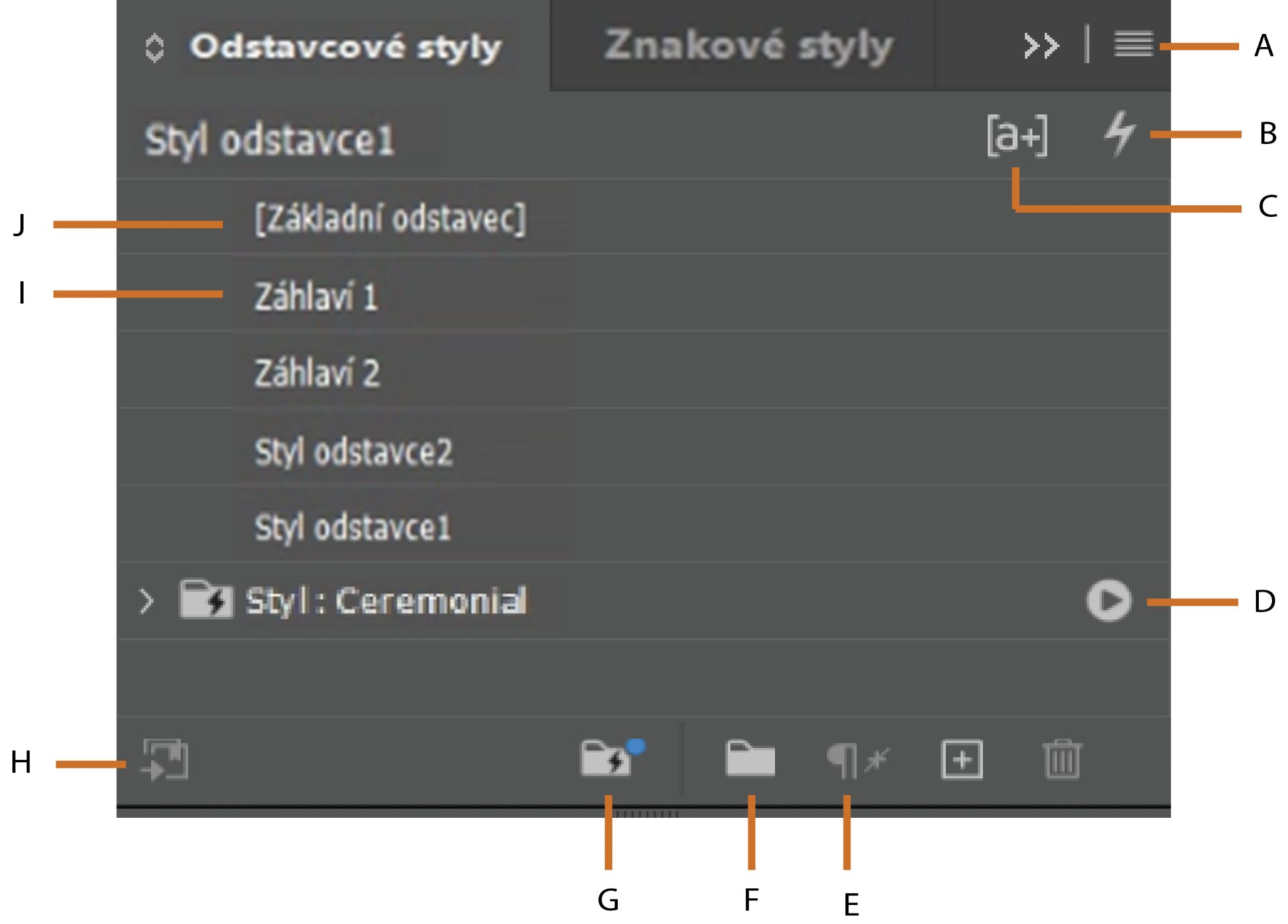 Panel Odstavcové styly v aplikaci InDesign