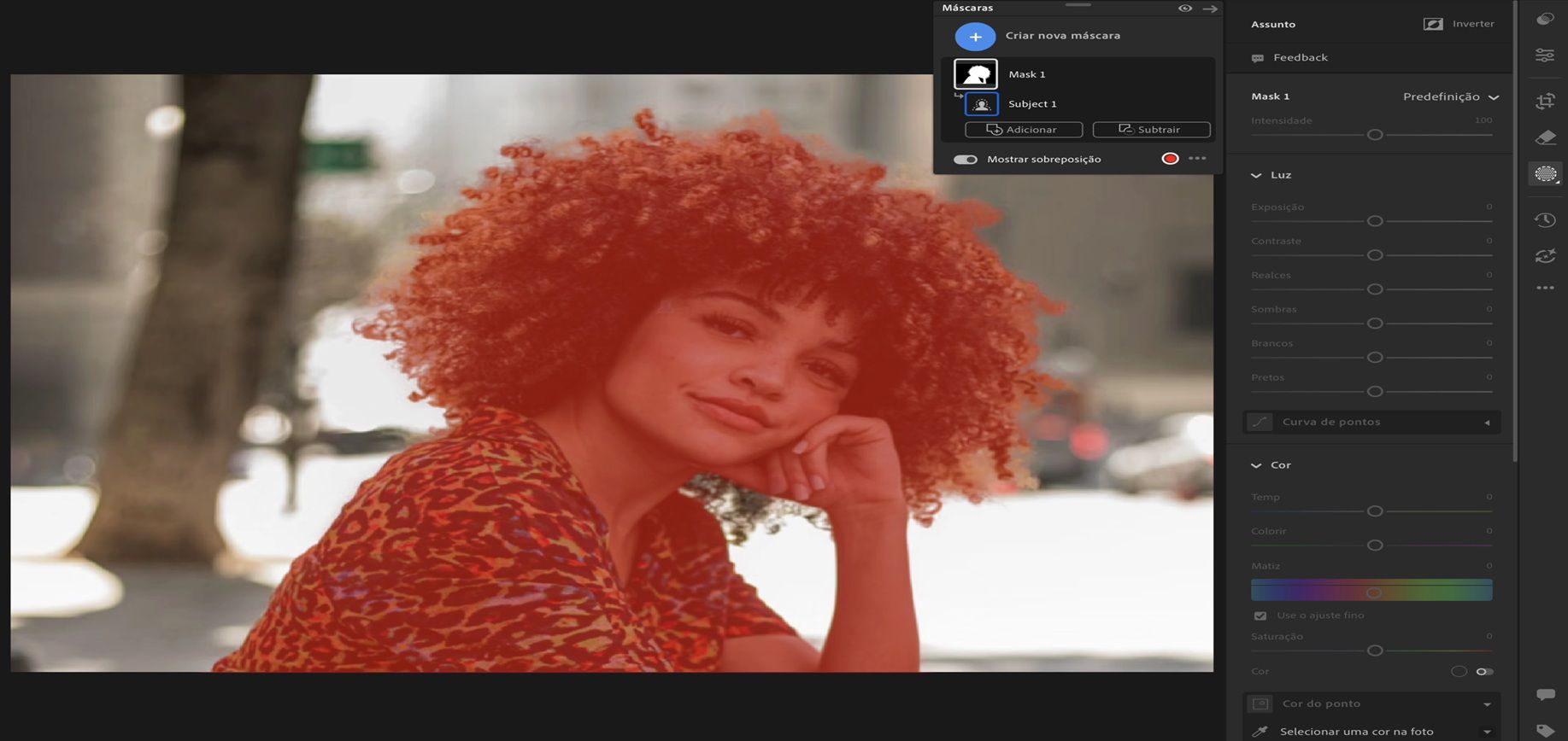 A interface Selecionar objeto no Lightroom mostrando uma garota com cabelo cacheado selecionada como o objeto em uma foto.