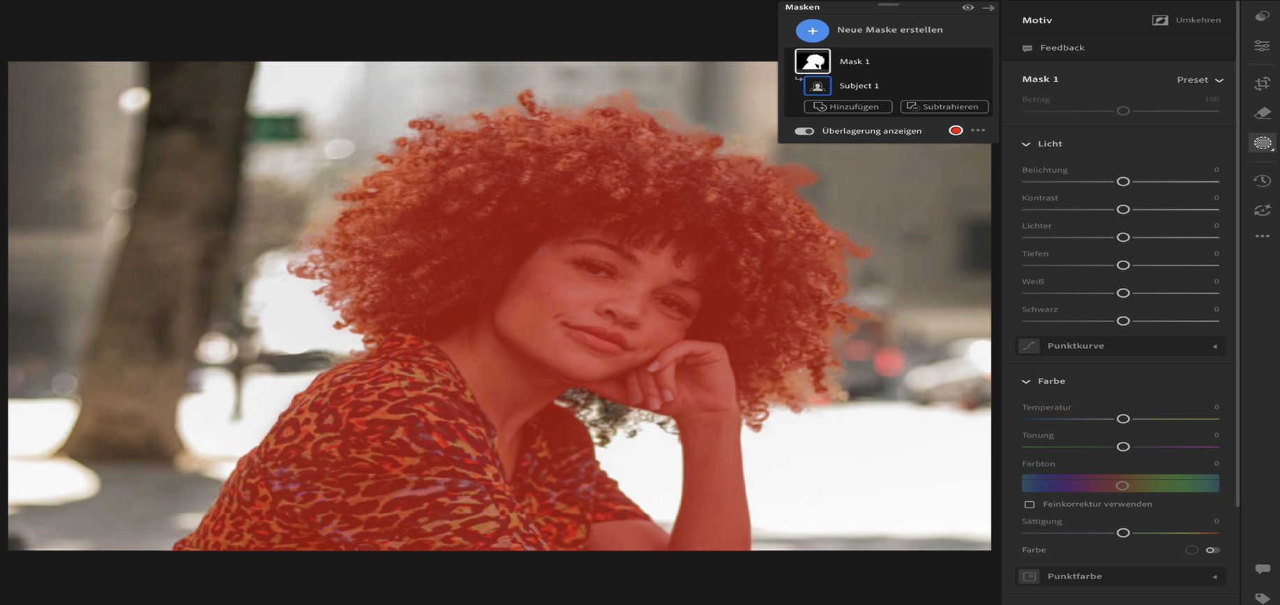 Die Benutzeroberfläche „Motiv auswählen“ in Lightroom zeigt ein Mädchen mit lockigem Haar, das als Motiv in einem Foto ausgewählt wurde.