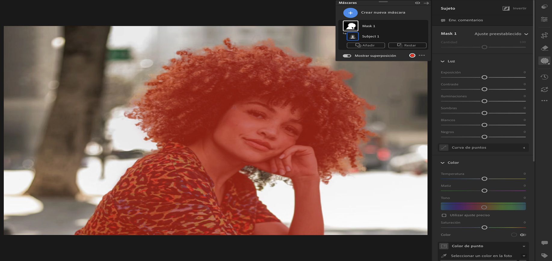 La interfaz de Seleccionar sujeto en lightroom muestra a una chica con pelo rizado seleccionada como sujeto en una foto.