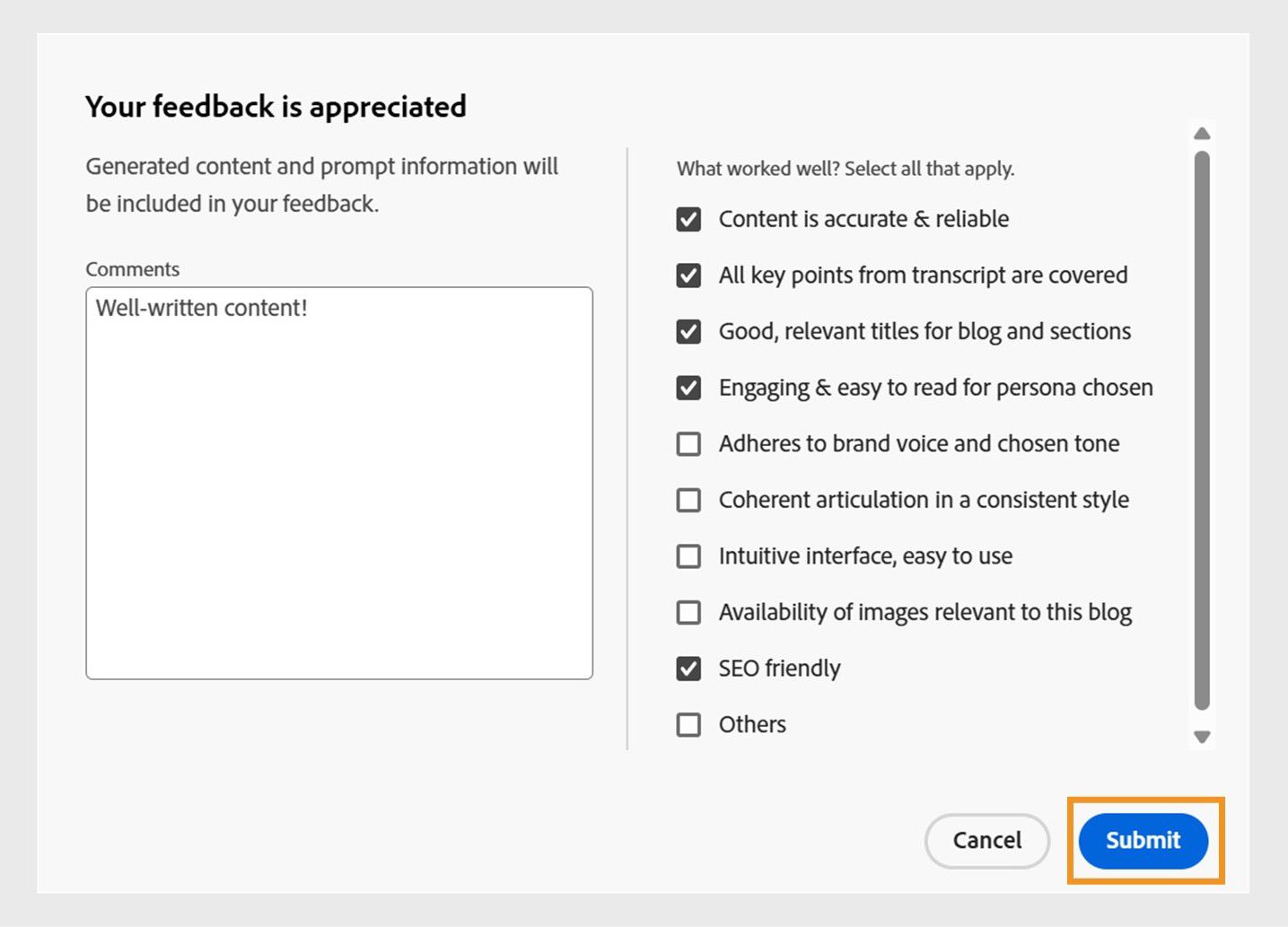 Submits the feedback for the generated blog