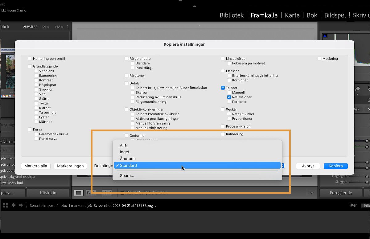 Dialogrutan Kopiera inställningar i Lightroom Classic är öppen. Avsnittet för deluppsättning används för att välja en uppsättning fördefinierade inställningar som du kan kopiera och klistra in.
