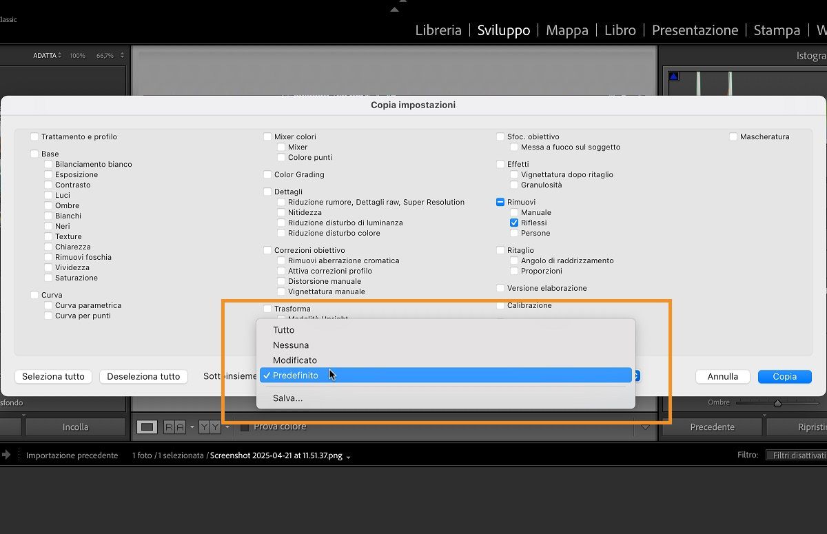 La finestra di dialogo Copia impostazioni in Lightroom Classic è aperta.La sezione sottoinsieme viene utilizzata per selezionare un set di impostazioni predefinite che puoi copiare e incollare.