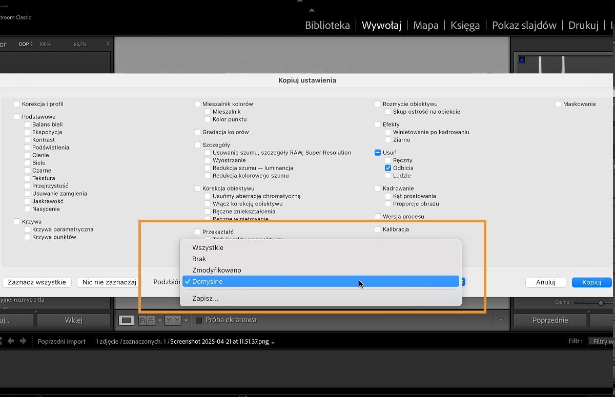 Otwiera się okno dialogowe „Kopiuj ustawienia” w programie Lightroom Classic. Sekcja podzbioru służy do wyboru zestawu predefiniowanych ustawień, które można skopiować i wkleić.