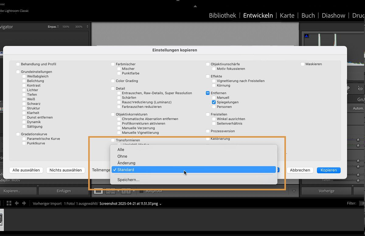 Das Dialogfeld „Einstellungen kopieren“ in Lightroom Classic ist geöffnet. Der Teilmengen-Bereich wird verwendet, um einen Satz vordefinierter Einstellungen auszuwählen, die du kopieren und einfügen kannst.