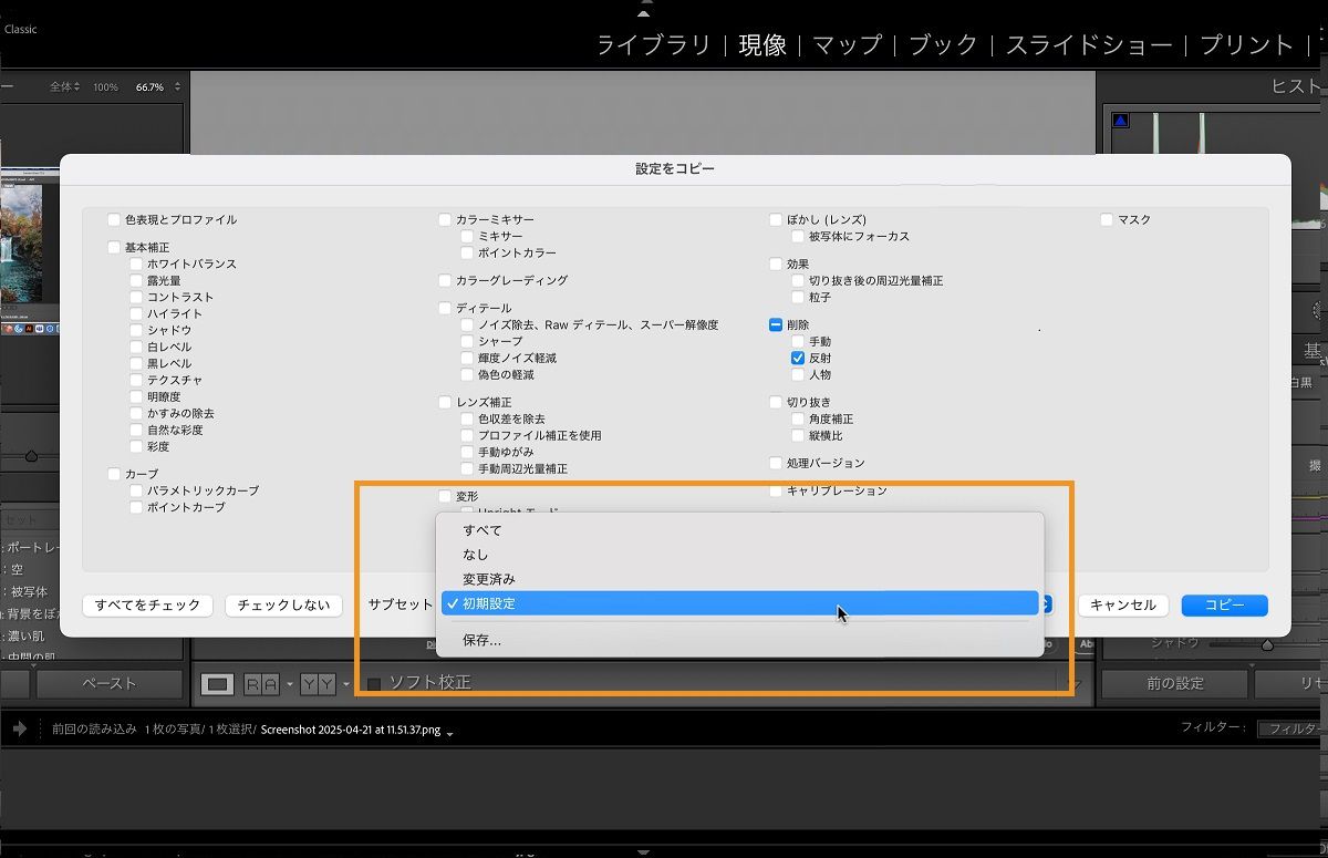 Lightroom Classic で「設定をコピー」ダイアログボックスが開いている。サブセットセクションが、コピー＆ペーストが可能な定義済み設定のセットを選択するために使用されている。