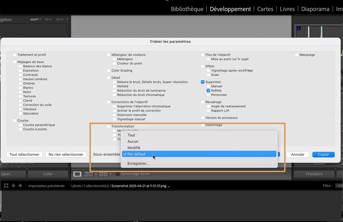 La boîte de dialogue Copier les paramètres dans Lightroom Classic est ouverte. La section de sous-ensemble est utilisée pour sélectionner un ensemble de paramètres prédéfinis que vous pouvez copier et coller.