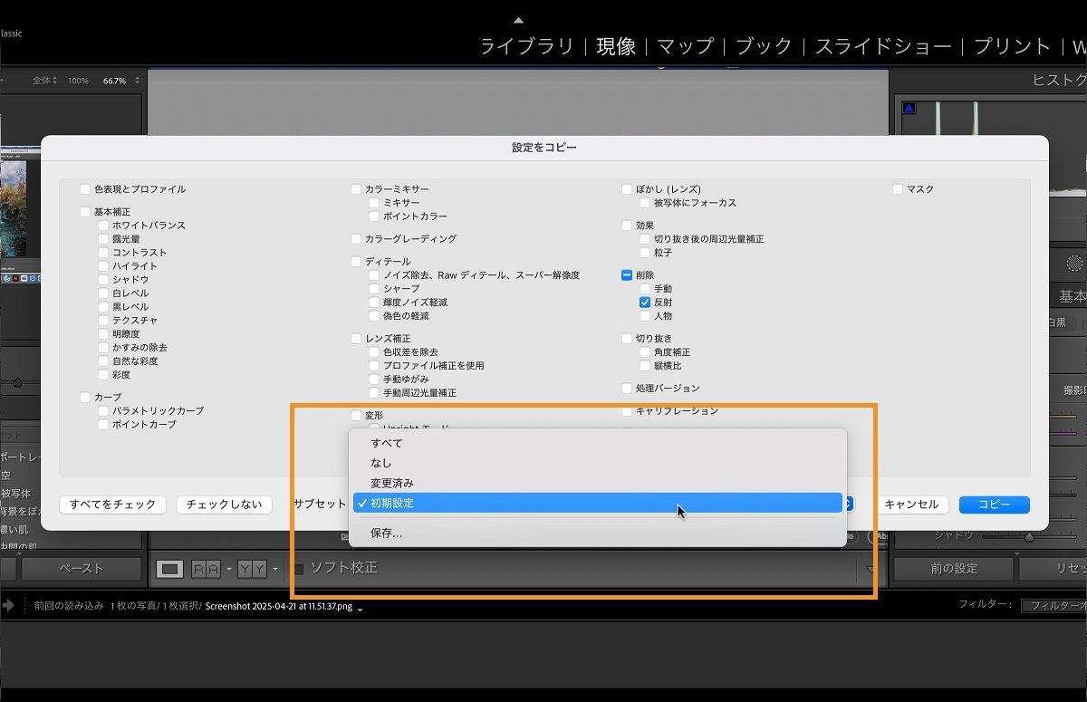 Lightroom Classic에서 설정 복사 대화 상자가 열려 있습니다.하위 집합 섹션은 복사하여 붙여넣을 수 있는 미리 정의된 설정 집합을 선택하는 데 사용됩니다.