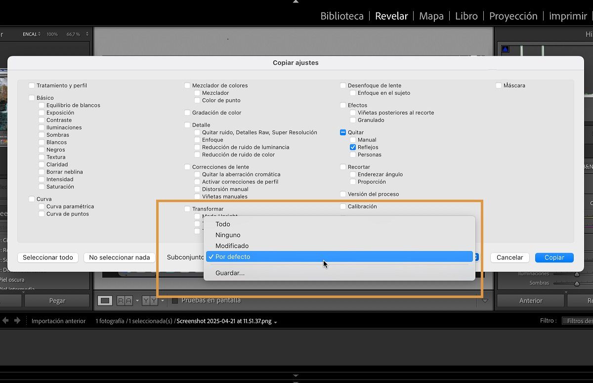 El cuadro de diálogo Configuración de copia en Lightroom Classic está abierto. La sección de subconjunto se utiliza para seleccionar un conjunto de ajustes predefinidos que puede copiar y pegar.