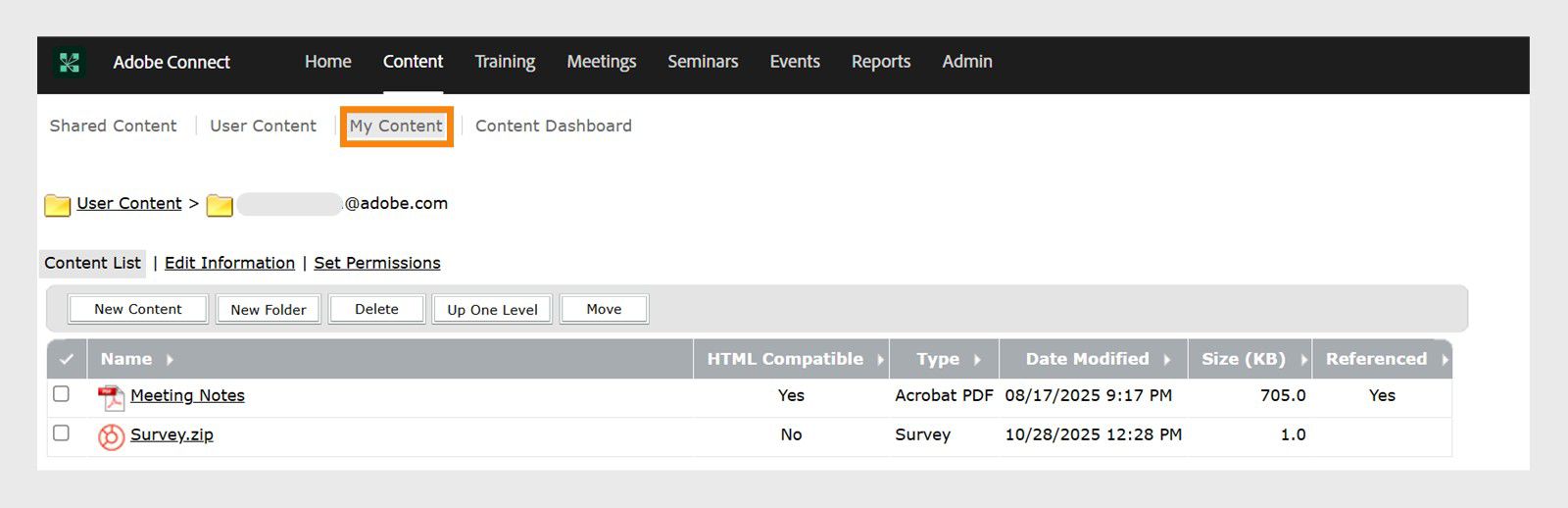 Content tab showing the option to view the saved surveys.