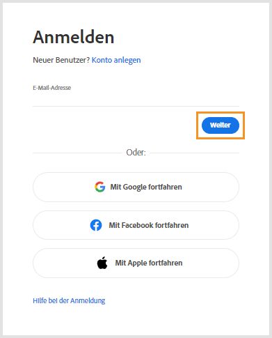 Wähle &quot;Anmelden&quot;, um ältere Adobe-Anwendungen neu zu installieren oder zu aktivieren