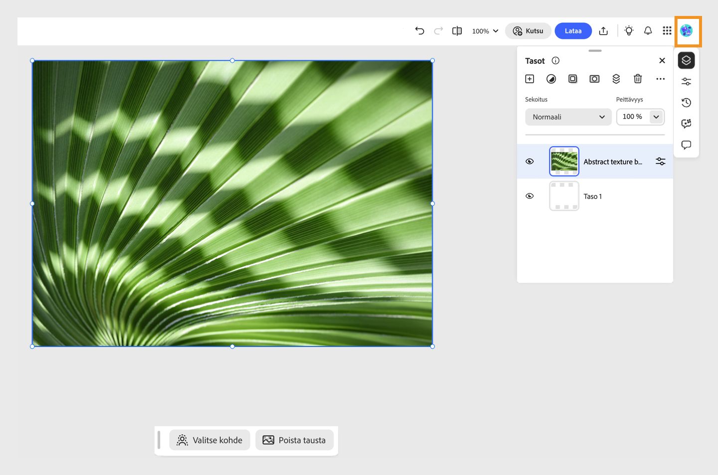Photoshopin verkkoversion työtilassa näkyy korostettu Tili-osio, jolla voidaan vaihtaa eri tilien välillä.