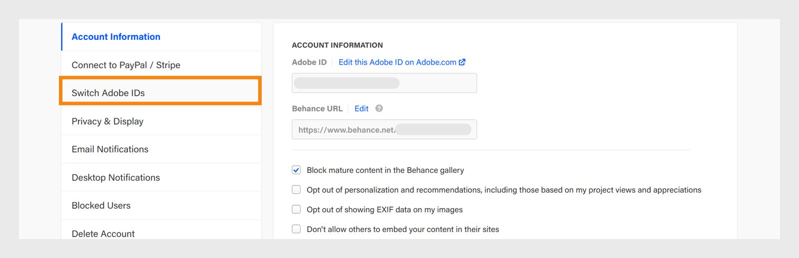 Selecteer Schakelen tussen Adobe ID's in het linkerdeelvenster onder gedeelte Accountgegevens (gemarkeerd in blauw).