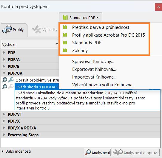Zobrazení dialogového okna Kontrola před výstupem. Jsou zvýrazněny všechny výchozí knihovny. 