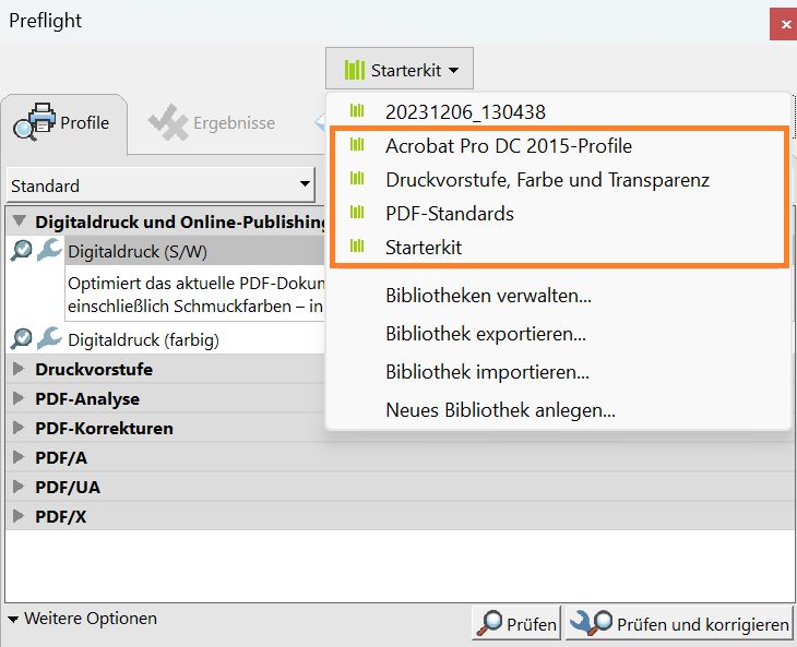 Das Dialogfeld „Preflight“ wird angezeigt. Alle Standardbibliotheken sind hervorgehoben. 