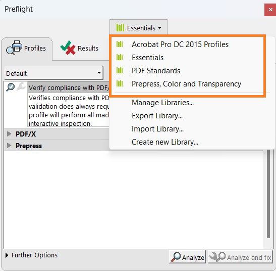 Prikaže se pogovorno okno Preverjanje pred tiskom. Označene so vse privzete knjižnice. 
