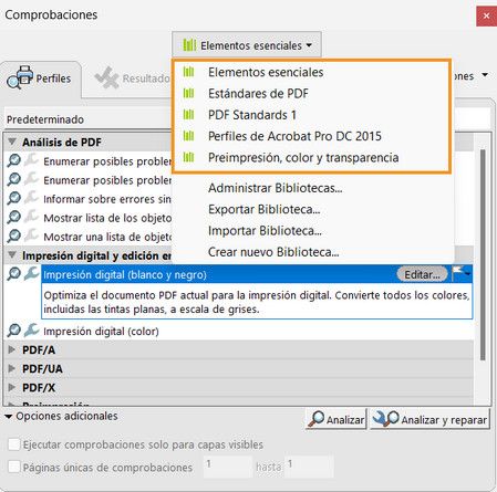 Se muestra el cuadro de diálogo Comprobaciones. Se resaltarán todas las bibliotecas predeterminadas. 