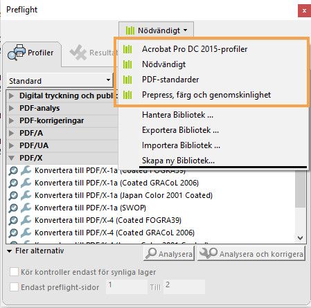 Dialogrutan Preflight visas. Alla standardbibliotek markeras. 